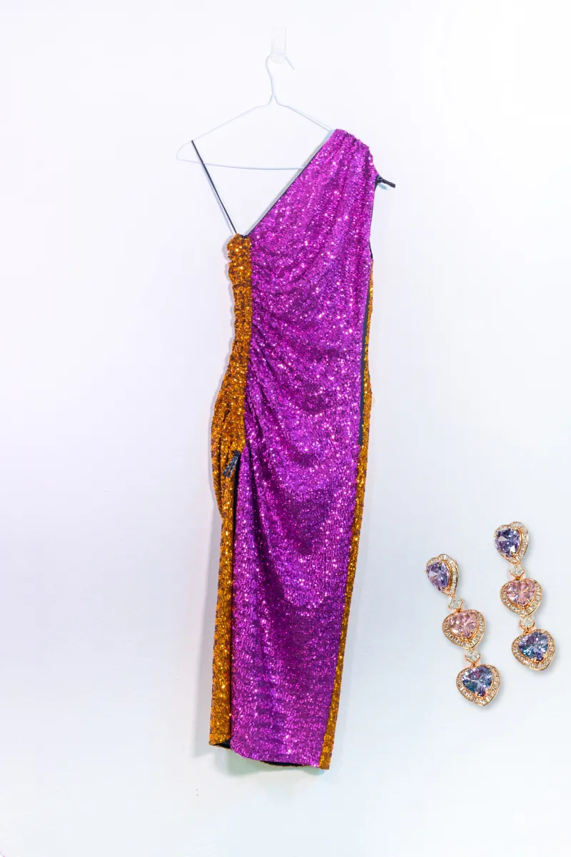 SEQUIN DRESS WITH BLACK LEATHER DETAILING BY 16ARLINGTON & HEART SHAPED DANGLING