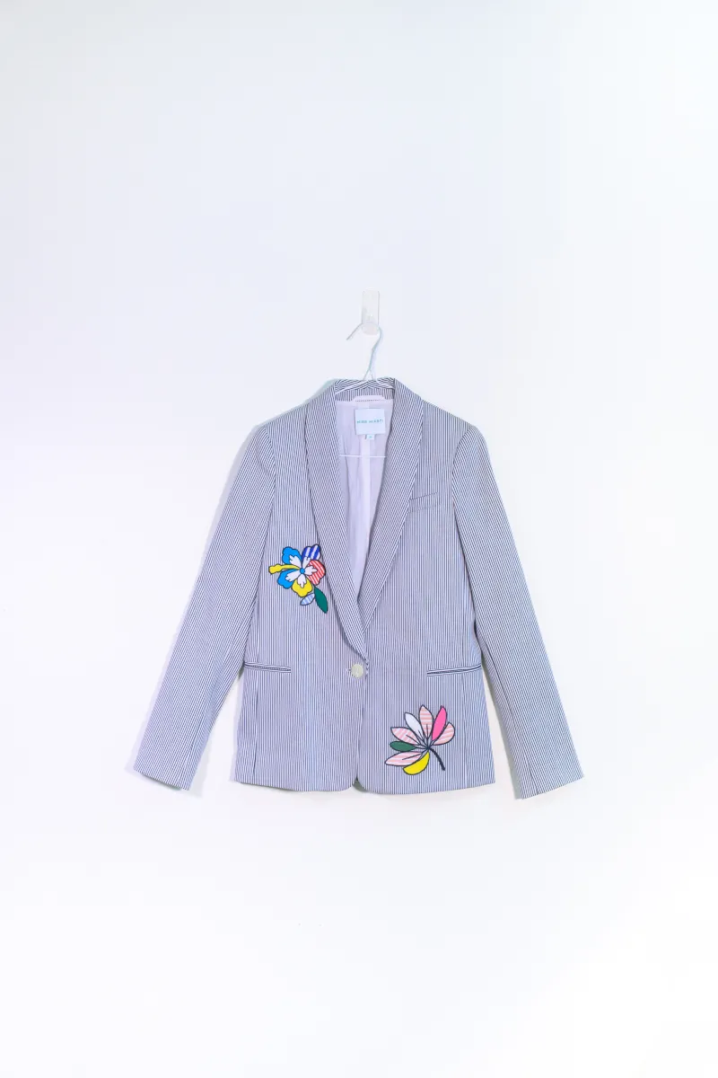 MIRA MIKATI STRIPED BLAZER FEATURING COLOURFUL EMBROIDERED PATCHES