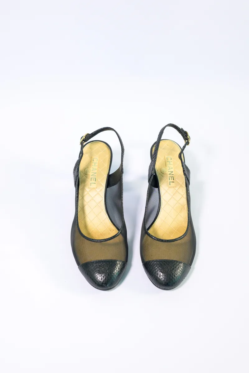 CHANEL QUILTED LEATHER AND MESH SLINGBACK PUMPS