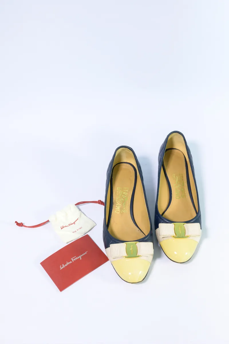SALVATORE FERRAGAMO QUILTED AND PATENT LEATHER PUMPS