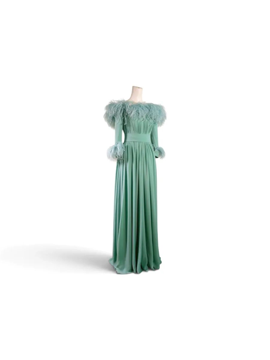 ELIE SAAB SILK AND OSTRICH FEATHER TRIMMED GOWN