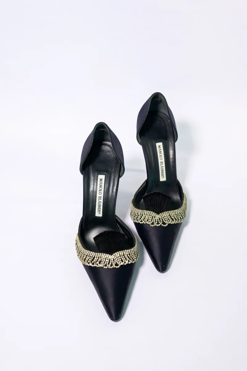 MANOLO BLAHNIK BLACK SATIN HEELS WITH RHINESTONES