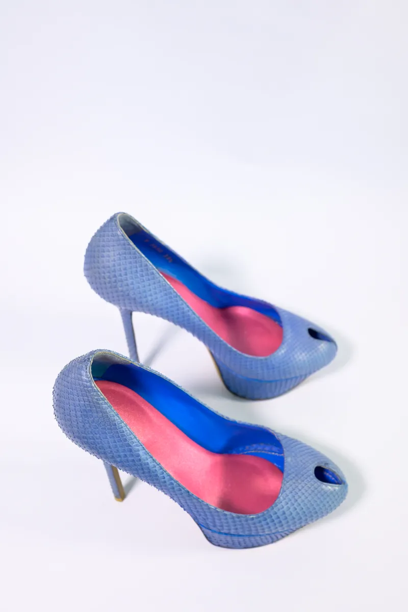 SERGIO ROSSI BLUE SNAKESKIN PEEPTOE PUMPS